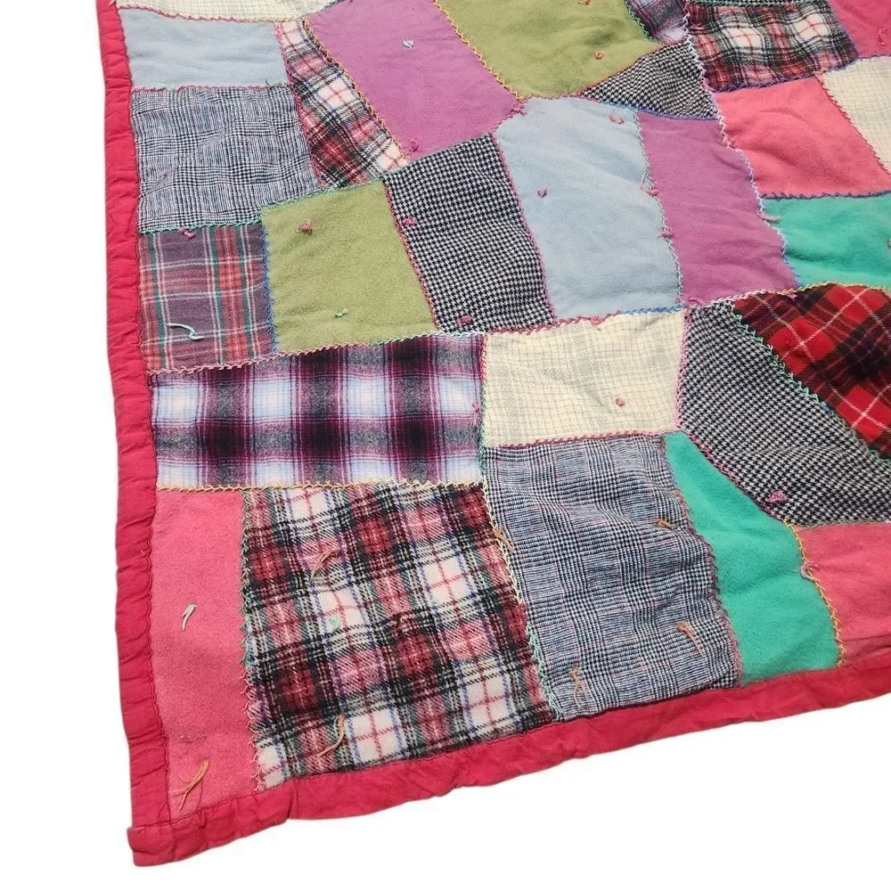 Vintage Handmade Patchwork Crazy Quilt Camp Blanket Wool Blend 78x62 Red Blue